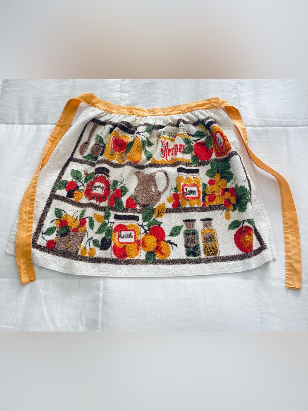 MCM Vintage Kitchen Apron Jam Jars Fruit Floral Print Gold Green Cotton by Sayco